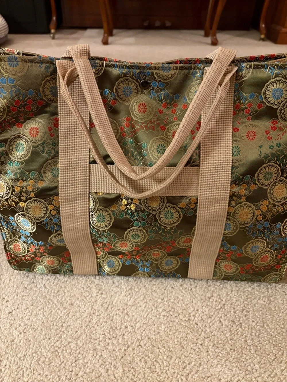 Oriental Olive Green Vibrant Floral Jacquard Satin Tote Bag with Beige Straps - Picture 1 of 16